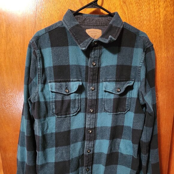 Men's XL American Eagle Green Plaid (heavy)Flannel Long Sleeve Button Down Shirt - Picture 2 of 6